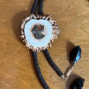 Rustic Elk Pendant Bolo Tie Necklace with Brown Cord & Black Polished Stones